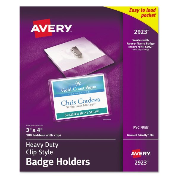 Heavy-Duty Clip-Style Badge Holders, Horizontal, 4 x 3, Clear, 100 Box on Sale