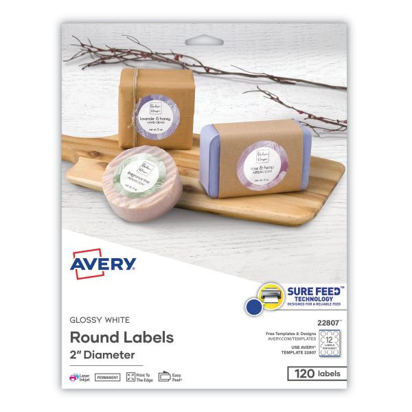 Round Print-to-the Edge Labels with Sure Feed and Easy Peel, 2  dia, Glossy White, 120 PK Discount
