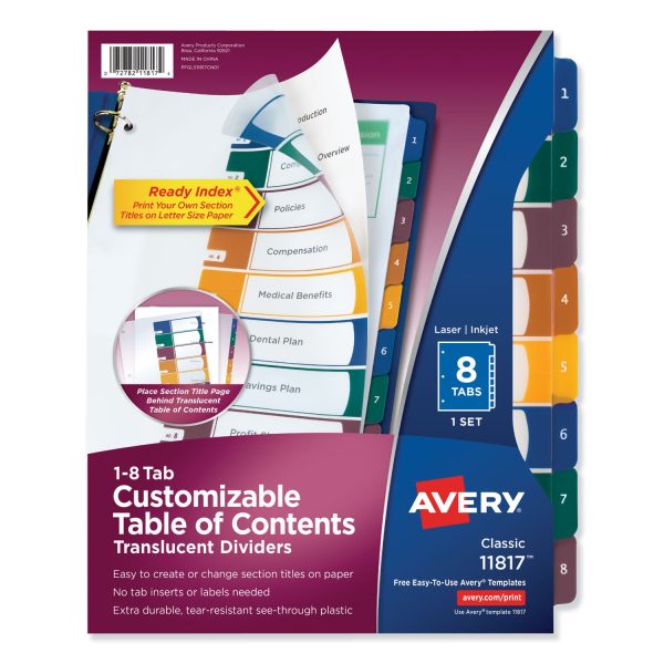 Customizable Table of Contents Ready Index Dividers with Multicolor Tabs, 8-Tab, 1 to 8, 11 x 8.5, Translucent, 1 Set on Sale