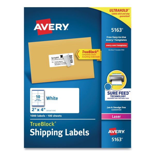 Shipping Labels w  TrueBlock Technology, Laser Printers, 2 x 4, White, 10 Sheet, 100 Sheets Box Hot on Sale
