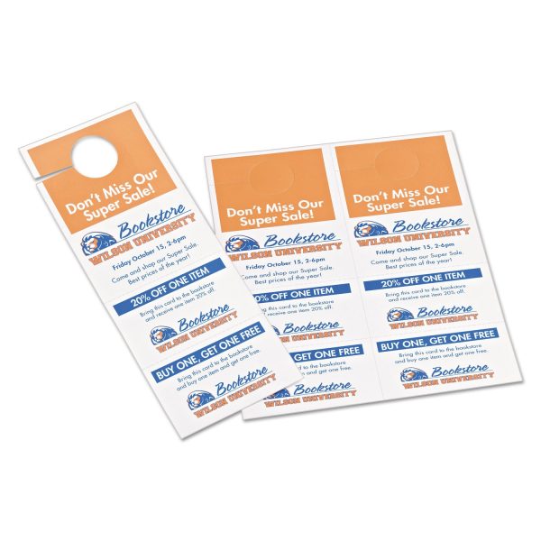 Door Hanger with Tear-Away Cards, 97 Bright, 65 lb Cover Weight, 4.25 x 11, White, 2 Hangers Sheet, 40 Sheets Pack Sale - Image 2
