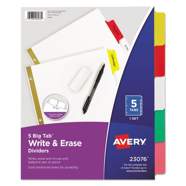 Write and Erase Big Tab Paper Dividers, 5-Tab, 11 x 8.5, White, Assorted Tabs, 1 Set For Sale