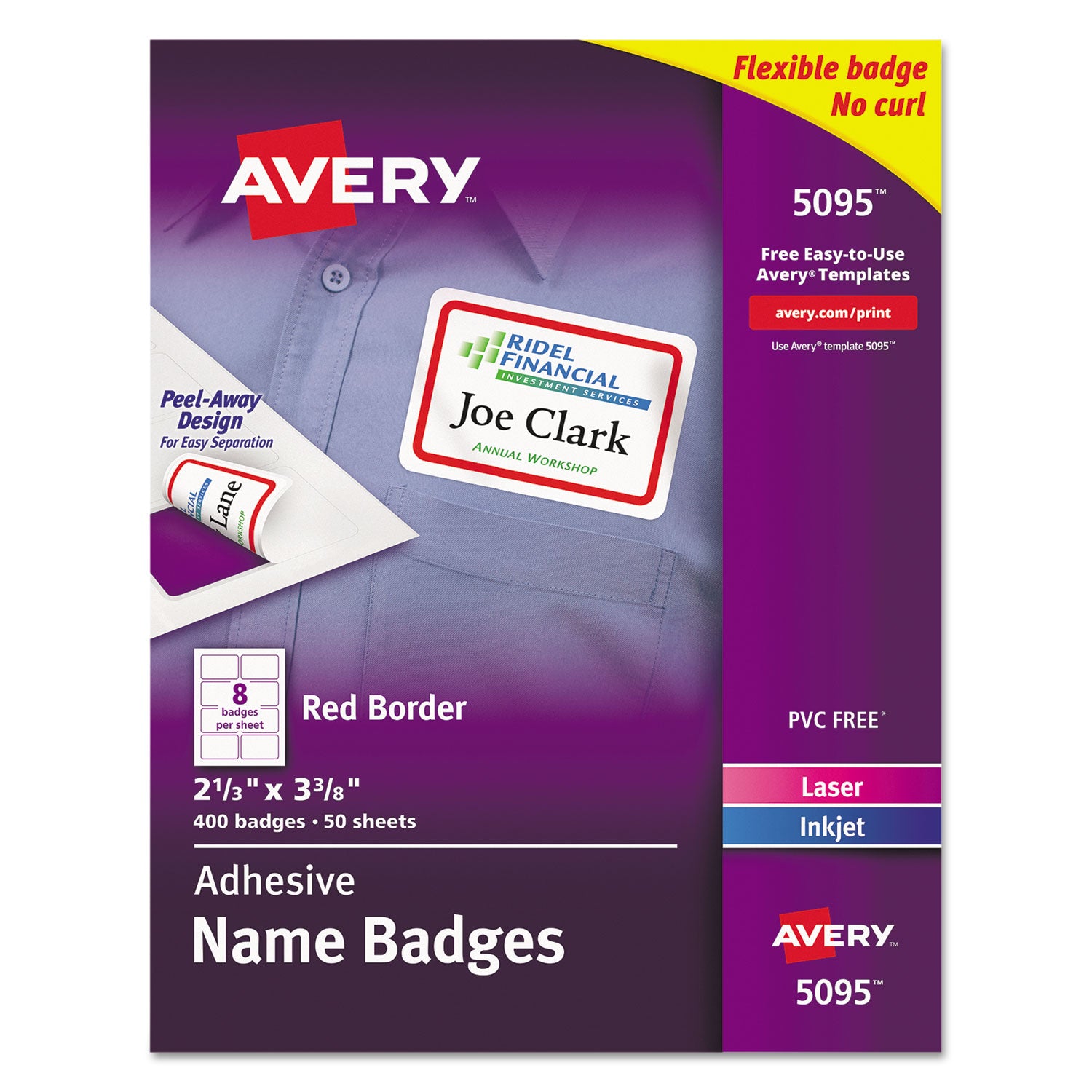 Flexible Adhesive Name Badge Labels, 3.38 x 2.33, White Red Border, 400 Box Fashion