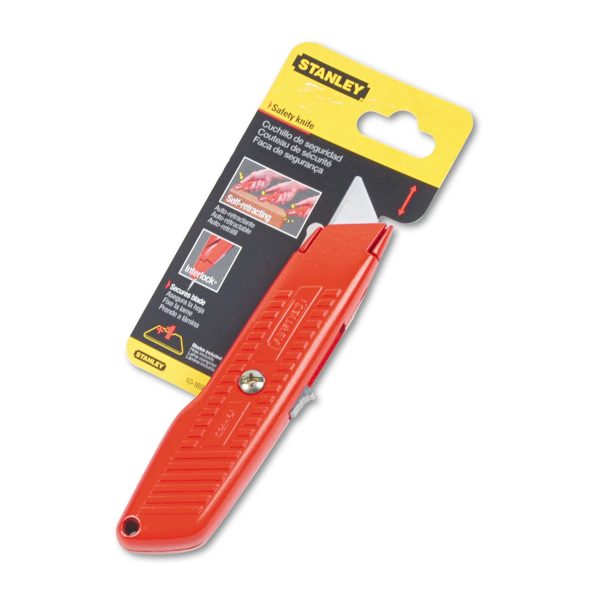 Interlock Safety Utility Knife with Self-Retracting Round Point Blade, 5.63  Metal Handle, Red Orange For Cheap - Image 2
