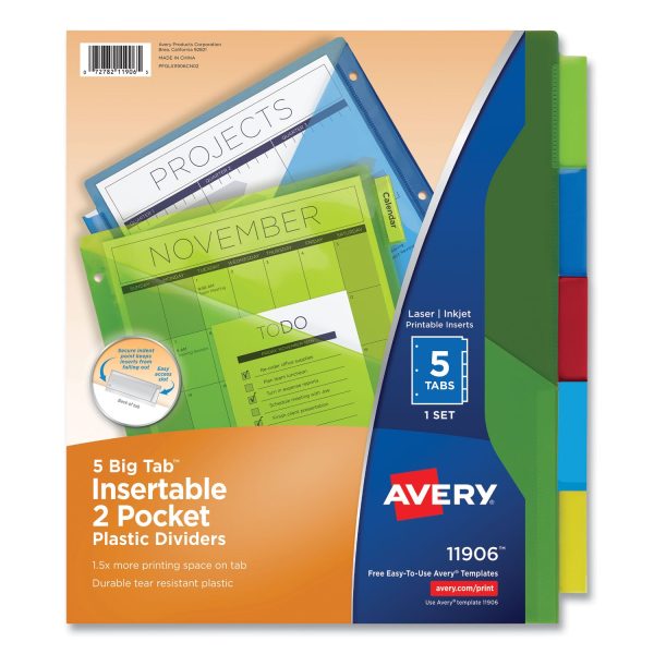 Insertable Big Tab Plastic 2-Pocket Dividers, 5-Tab, 11.13 x 9.25, Assorted, 1 Set Supply