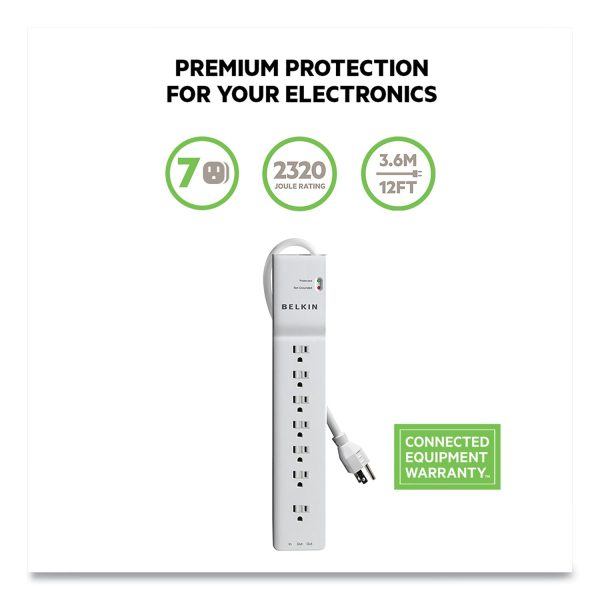 Home Office Surge Protector, 7 AC Outlets, 12 ft Cord, 2,160 J, White Hot on Sale - Image 3