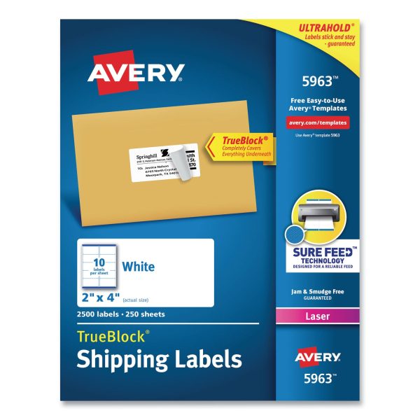 Shipping Labels w  TrueBlock Technology, Laser Printers, 2 x 4, White, 10 Sheet, 250 Sheets Box For Discount