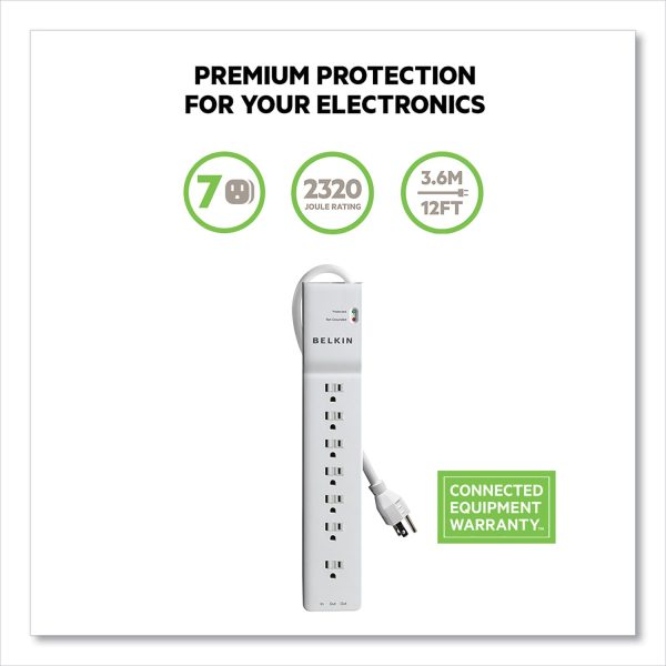 Home Office Surge Protector, 7 AC Outlets, 12 ft Cord, 2,160 J, White Hot on Sale - Image 2