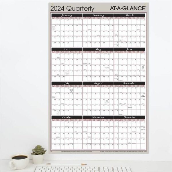 At-A-Glance Vertical Horizontal Reversible Erasable Quarterly Wall Calendar - Large Size - Julian Dates - Yearly, Quarterly - 12 Month - January 2024 - December 2024 - 24  x 36  White Sheet - 1  x 1.31  , 1.25  x 1.19  Block - Gray - Laminate - Erasa Online - Image 3