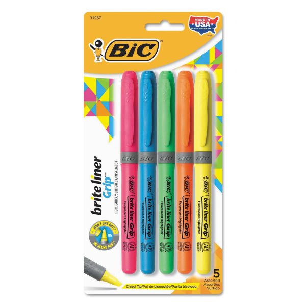 Brite Liner Grip Pocket Highlighter, Assorted Ink Colors, Chisel Tip, Assorted Barrel Colors, 5 Set Discount
