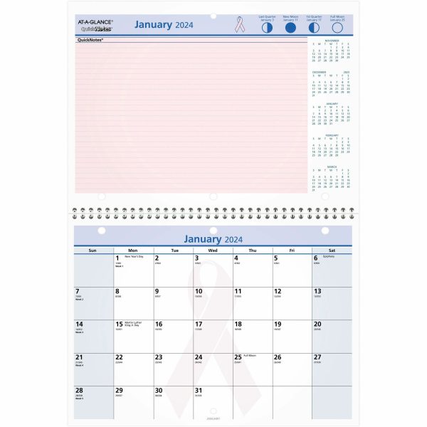 At-A-Glance QuickNotes City of Hope Wall Calendar - Small Size - Julian Dates - Monthly - 12 Month - January 2024 - December 2024 - 1 Month Single Page Layout - 11  x 8  White Sheet - 1.25  x 1.25  Block - Wire Bound - Desktop - Paper - Notepad, Prin Online now