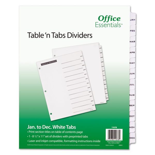 Table  n Tabs Dividers, 12-Tab, Jan. to Dec., 11 x 8.5, White, White Tabs, 1 Set Online Sale