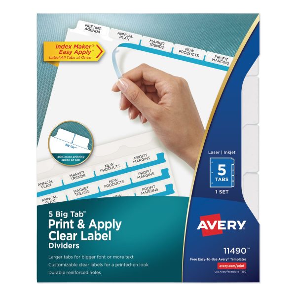 Print and Apply Index Maker Clear Label Dividers, Big Tab, 5-Tab, White Tabs, 11 x 8.5, White, 1 Set For Cheap