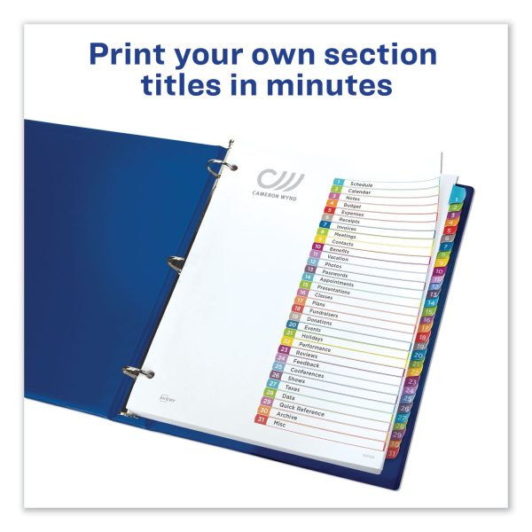 Customizable TOC Ready Index Multicolor Tab Dividers, 31-Tab, 1 to 31, 11 x 8.5, White, Contemporary Color Tabs, 1 Set For Discount - Image 2