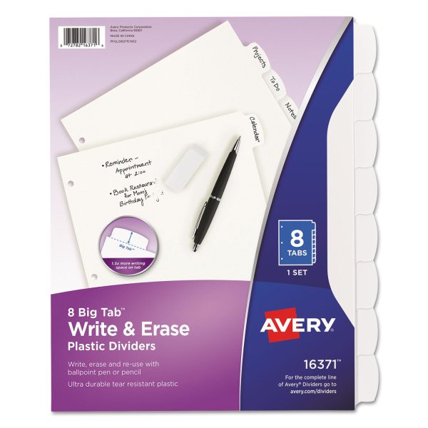 Write and Erase Big Tab Durable Plastic Dividers, 3-Hole Punched, 8-Tab, 11 x 8.5, White, 1 Set Online now