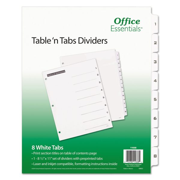 Table  n Tabs Dividers, 8-Tab, 1 to 8, 11 x 8.5, White, White Tabs, 1 Set Online