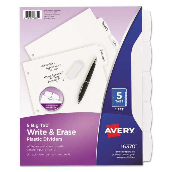 Write and Erase Big Tab Durable Plastic Dividers, 3-Hole Punched, 5-Tab, 11 x 8.5, White, 1 Set Sale