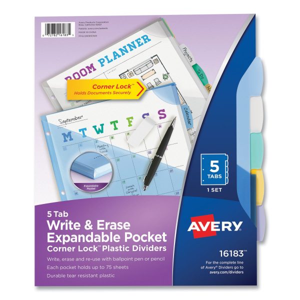 Write and Erase Big Tab Durable Plastic Dividers, Expandable Pocket, 3-Hole Punched, 5-Tab, 11 x 8.5, Assorted, 1 Set Hot on Sale