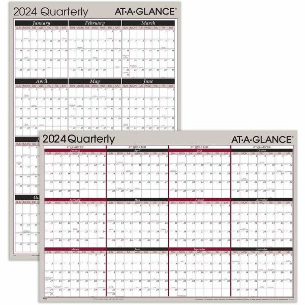 At-A-Glance Vertical Horizontal Reversible Erasable Quarterly Wall Calendar - Large Size - Julian Dates - Yearly, Quarterly - 12 Month - January 2024 - December 2024 - 24  x 36  White Sheet - 1  x 1.31  , 1.25  x 1.19  Block - Gray - Laminate - Erasa Online - Image 4